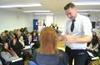 Celebrity hair stylist Gary Baker demonstrates his technique to hairdressing students in The Salon, Barnet and Southgate College